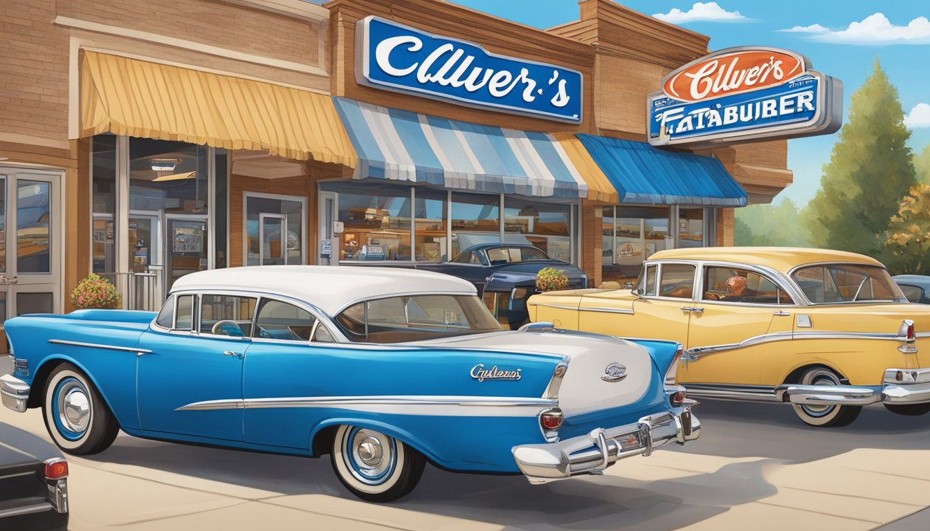 A bustling Culver's restaurant stands opposite a vintage Fatburger joint, both adorned with retro signage and surrounded by classic cars