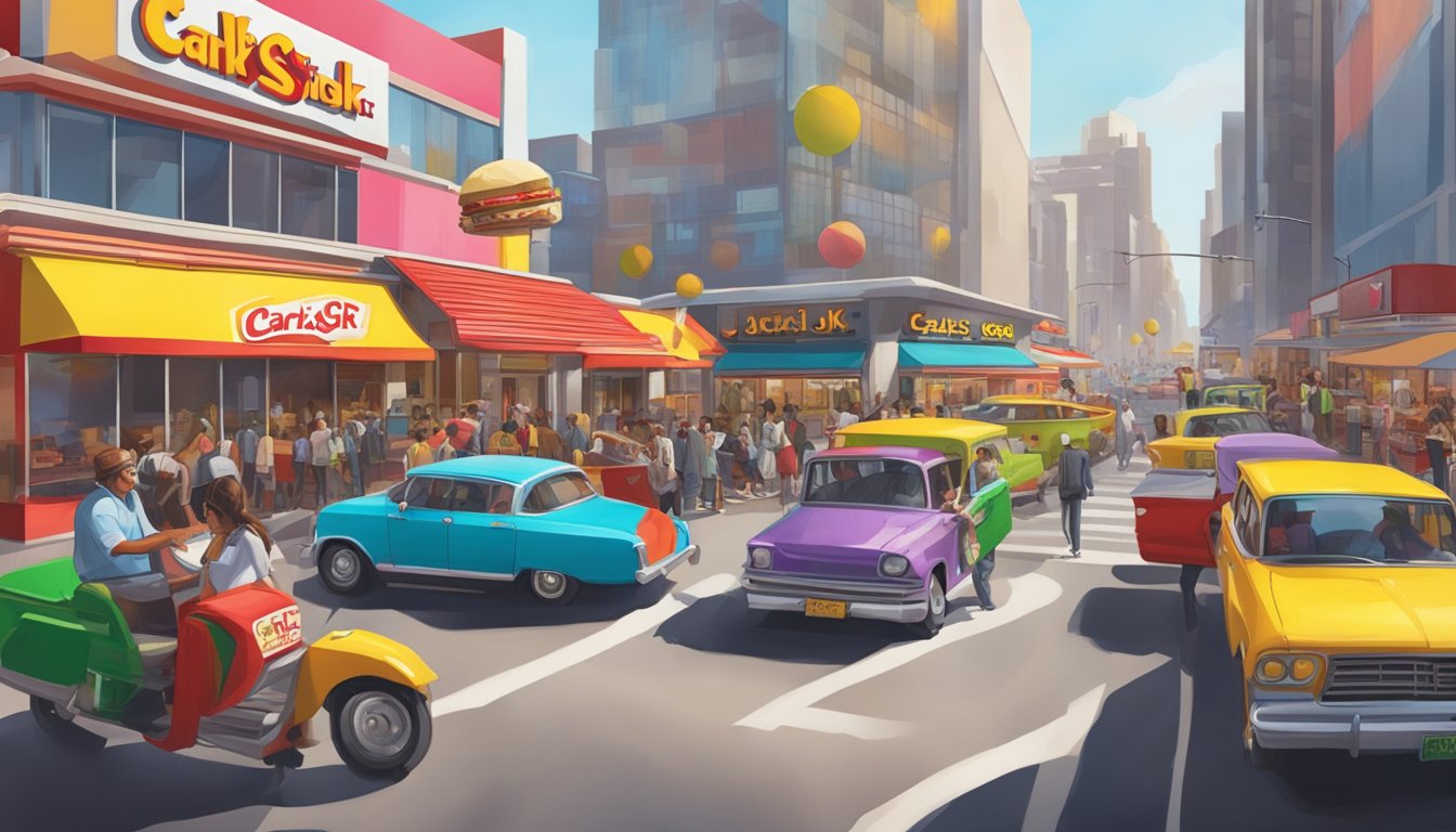 A bustling city street with a colorful Carls Jr and Jack in the Box restaurant facing each other, surrounded by busy traffic and pedestrians