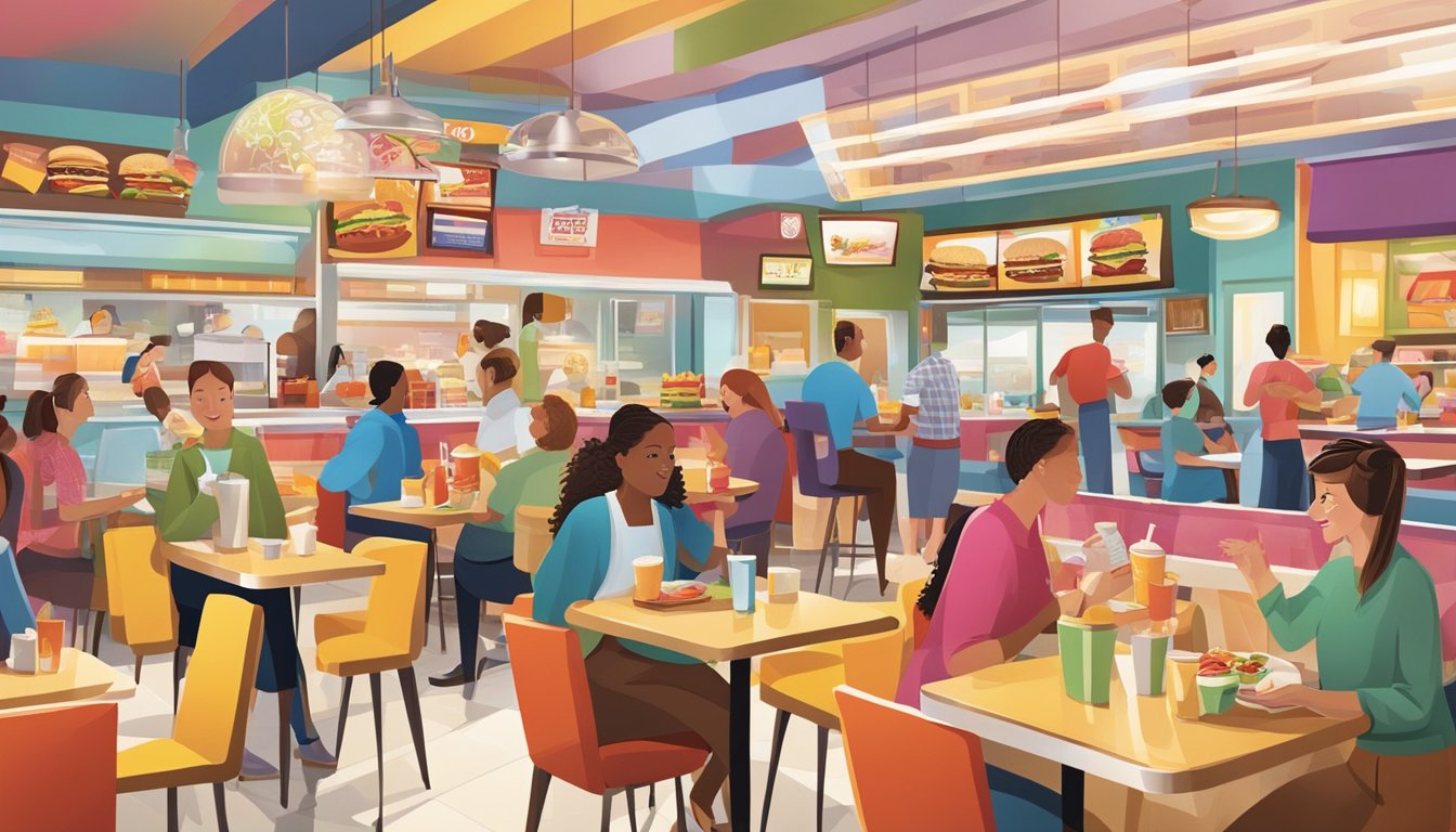 A bustling fast-food restaurant with a variety of menu offerings and specialties, including burgers, fries, and milkshakes. The atmosphere is lively and vibrant, with customers enjoying their meals at colorful booths and tables