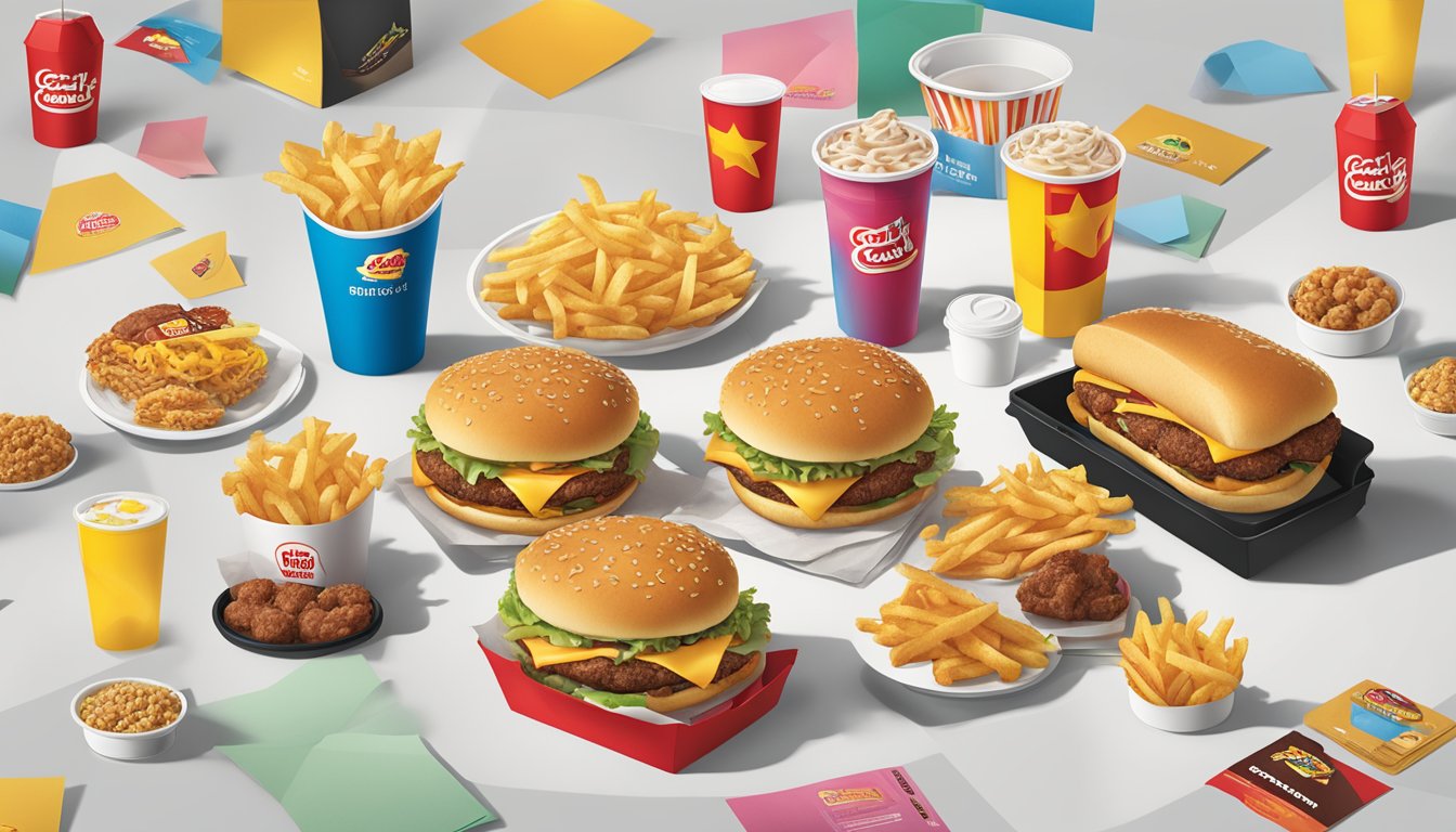 A table with Carls Jr and Jack in the Box menu items spread out, surrounded by their respective logos and branding