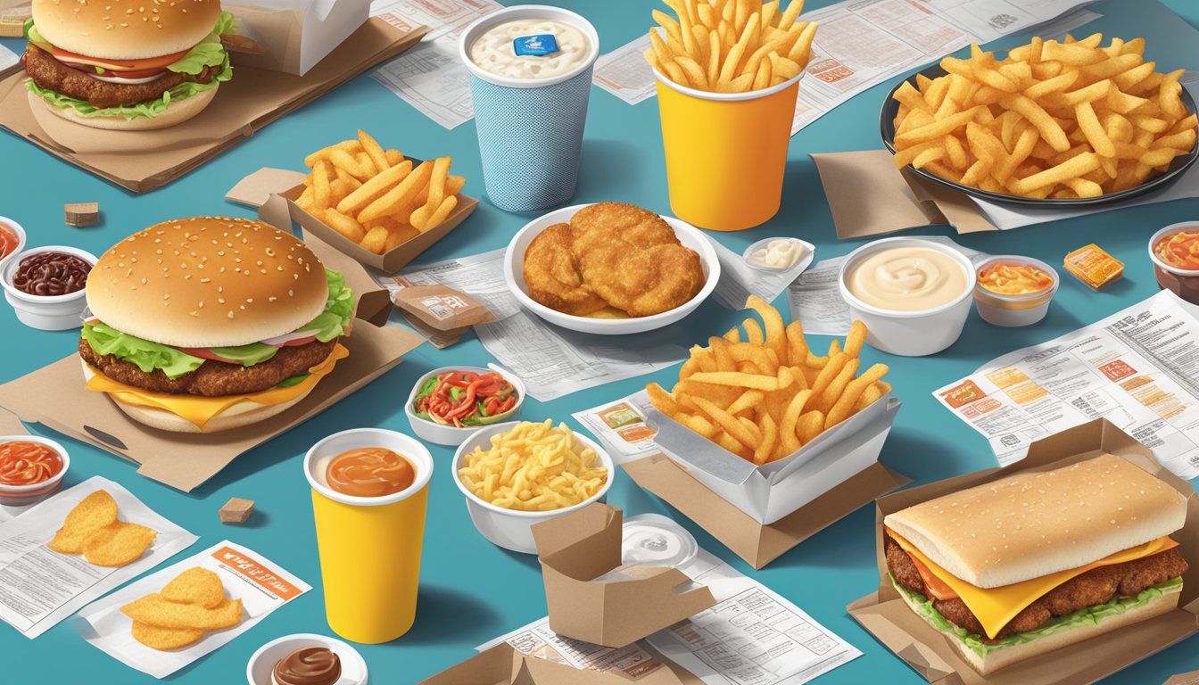 A table with fast food items from Carl's Jr and Jack in the Box, surrounded by nutritional information labels and charts