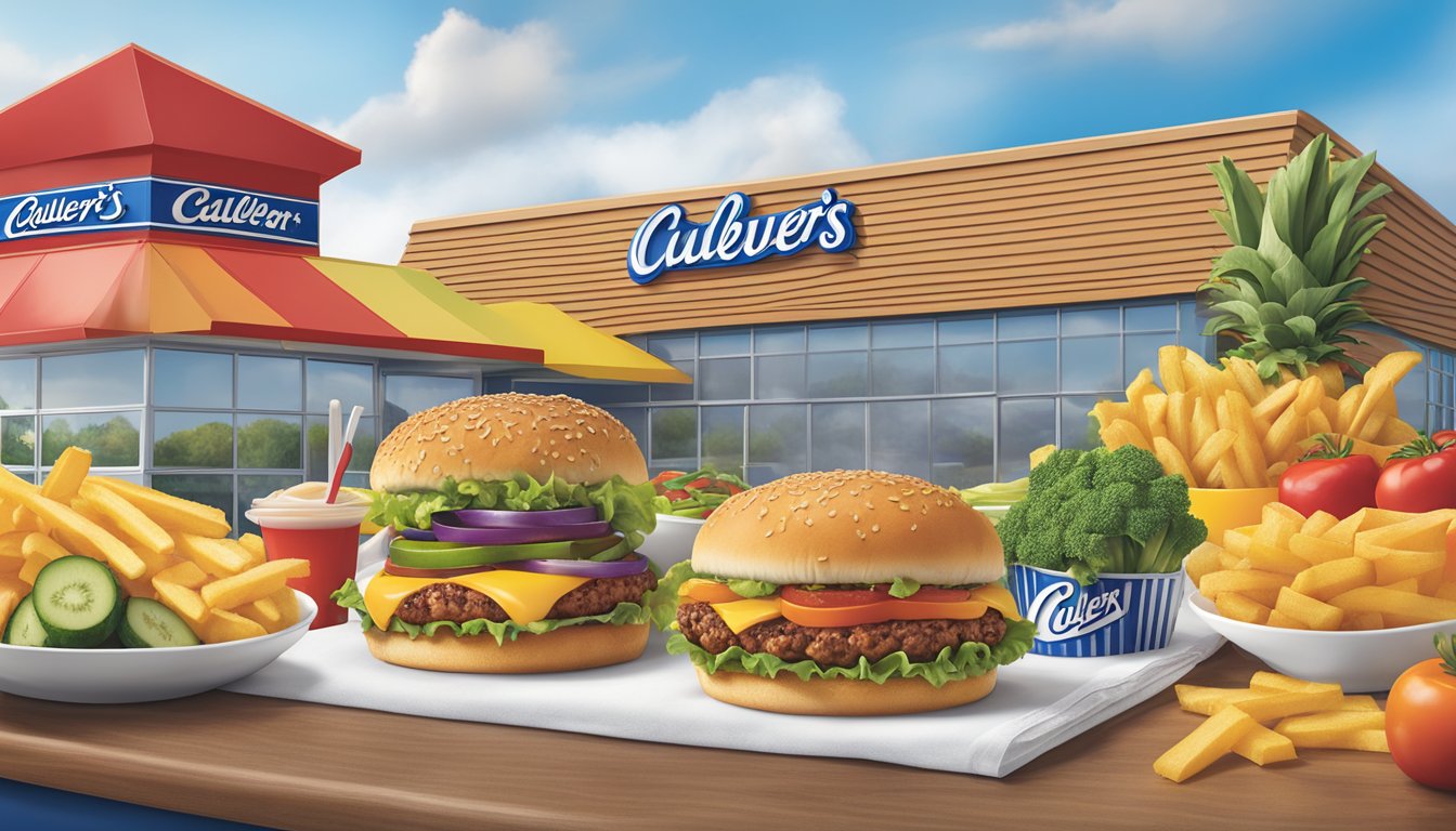 A colorful array of fresh fruits and vegetables contrast with greasy, oversized burgers and fries, emphasizing the nutritional content and healthier options at Culver's versus Fatburger