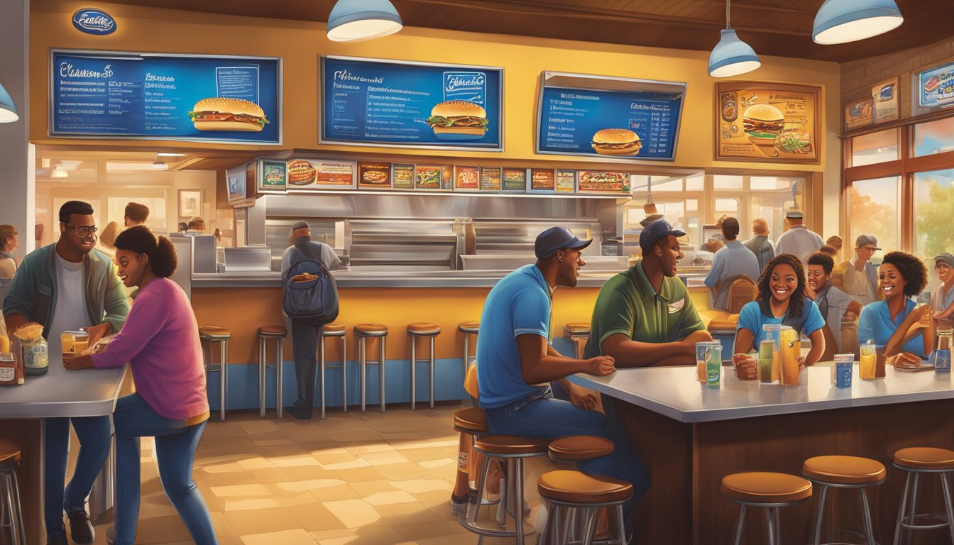 A bustling Culver's with warm lighting and friendly staff contrasts with the retro, casual vibe of a Fatburger, complete with neon signs and a lively crowd