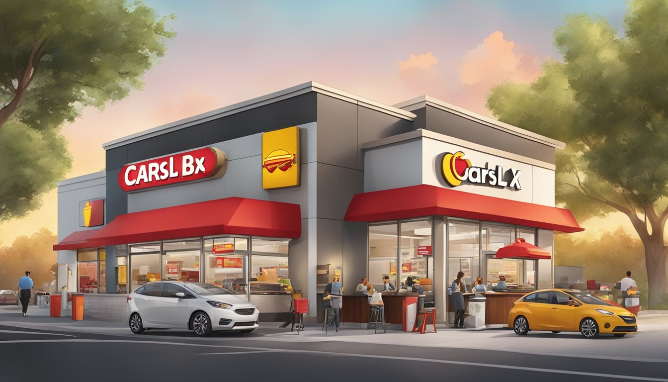 A busy fast-food restaurant with a drive-thru and outdoor seating, with colorful signage and logos for Carls Jr and Jack in the Box