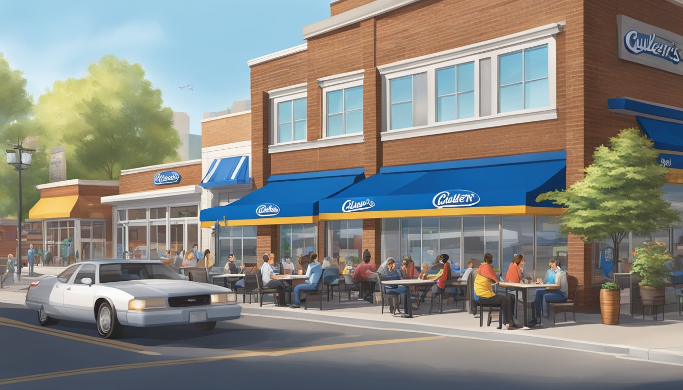 A bustling city street with a large, vibrant Culver's restaurant on one side and a modern, sleek Fatburger establishment on the other. Outdoor seating and a steady flow of customers