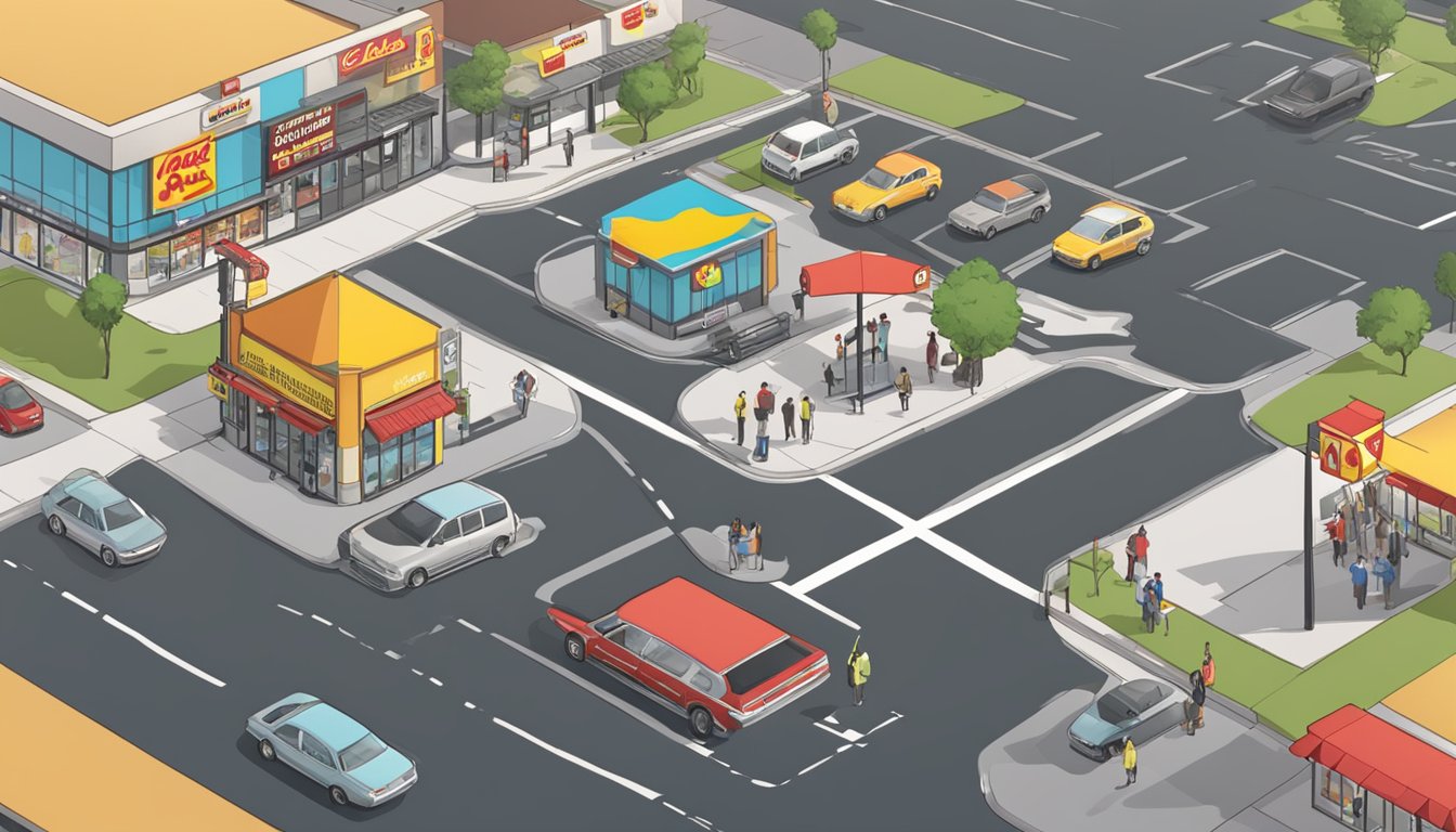 A busy intersection with a Carls Jr and Jack in the Box on opposite corners, accessible from both sides of the street