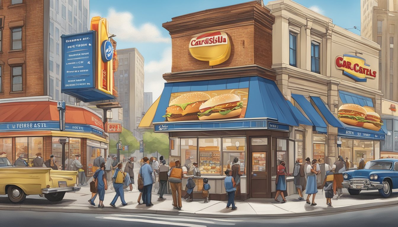 A bustling 20th century city street, with a Carls Jr and White Castle standing across from each other, representing the historical fast food rivalry