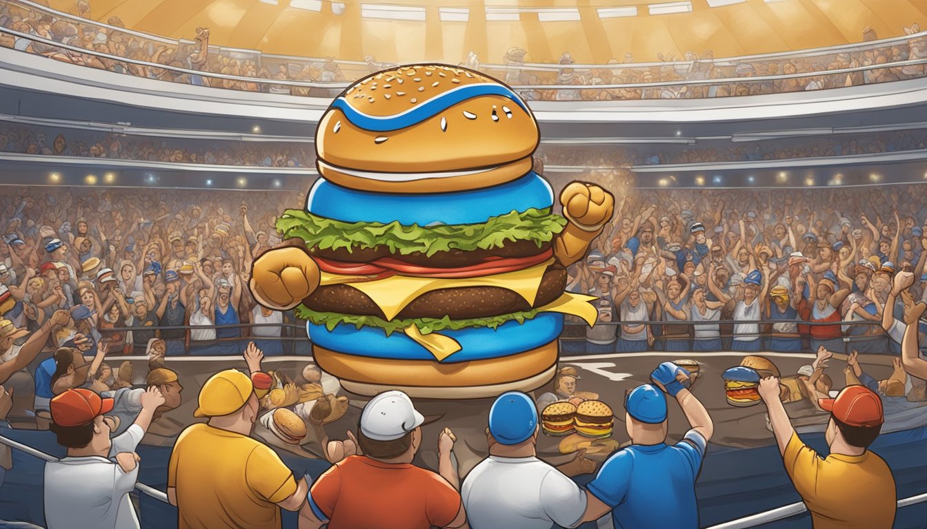 Two burger mascots facing off in a boxing ring, with Culver's on one side and Fatburger on the other, surrounded by cheering fans