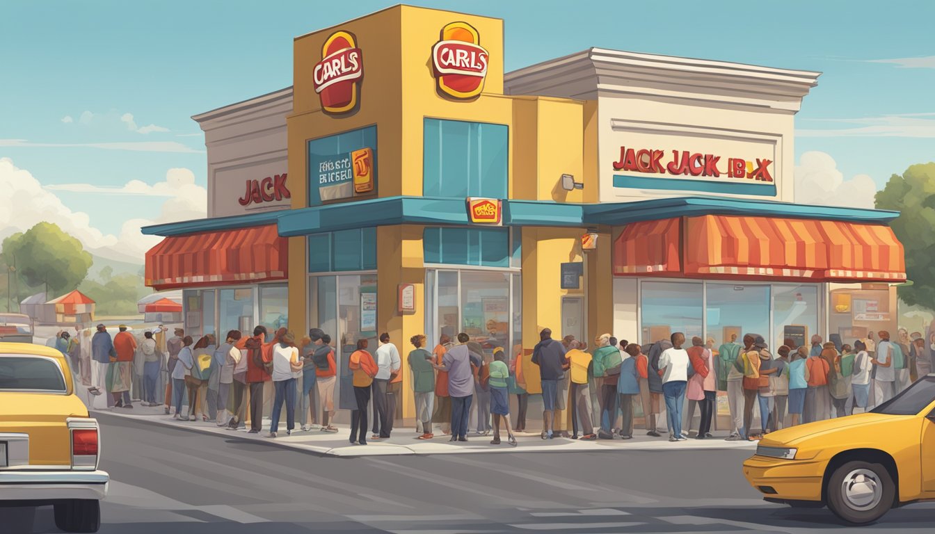 A busy street corner with Carls Jr and Jack in the Box signs visible. Customers line up at drive-thru windows, while others compare menu prices outside