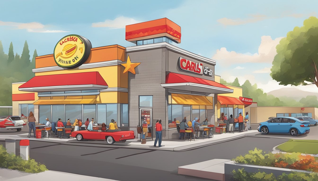 A busy fast-food restaurant with a drive-thru, outdoor seating, and a colorful sign. Customers are lined up at both Carls Jr and Jack in the Box