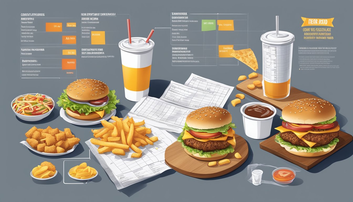 A table with fast food items from Carl's Jr and White Castle, surrounded by nutritional analysis charts and graphs