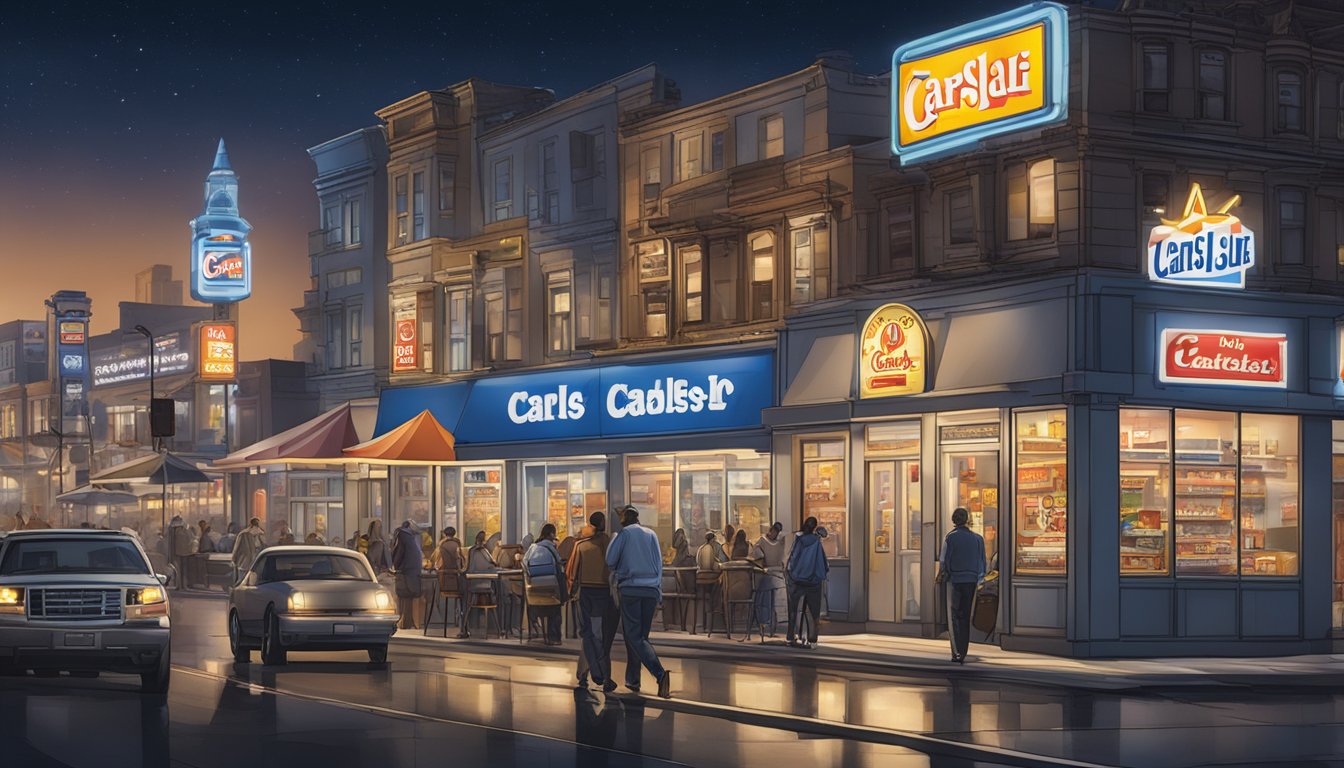 A bustling city street with Carls Jr and White Castle signs illuminated against a dark night sky