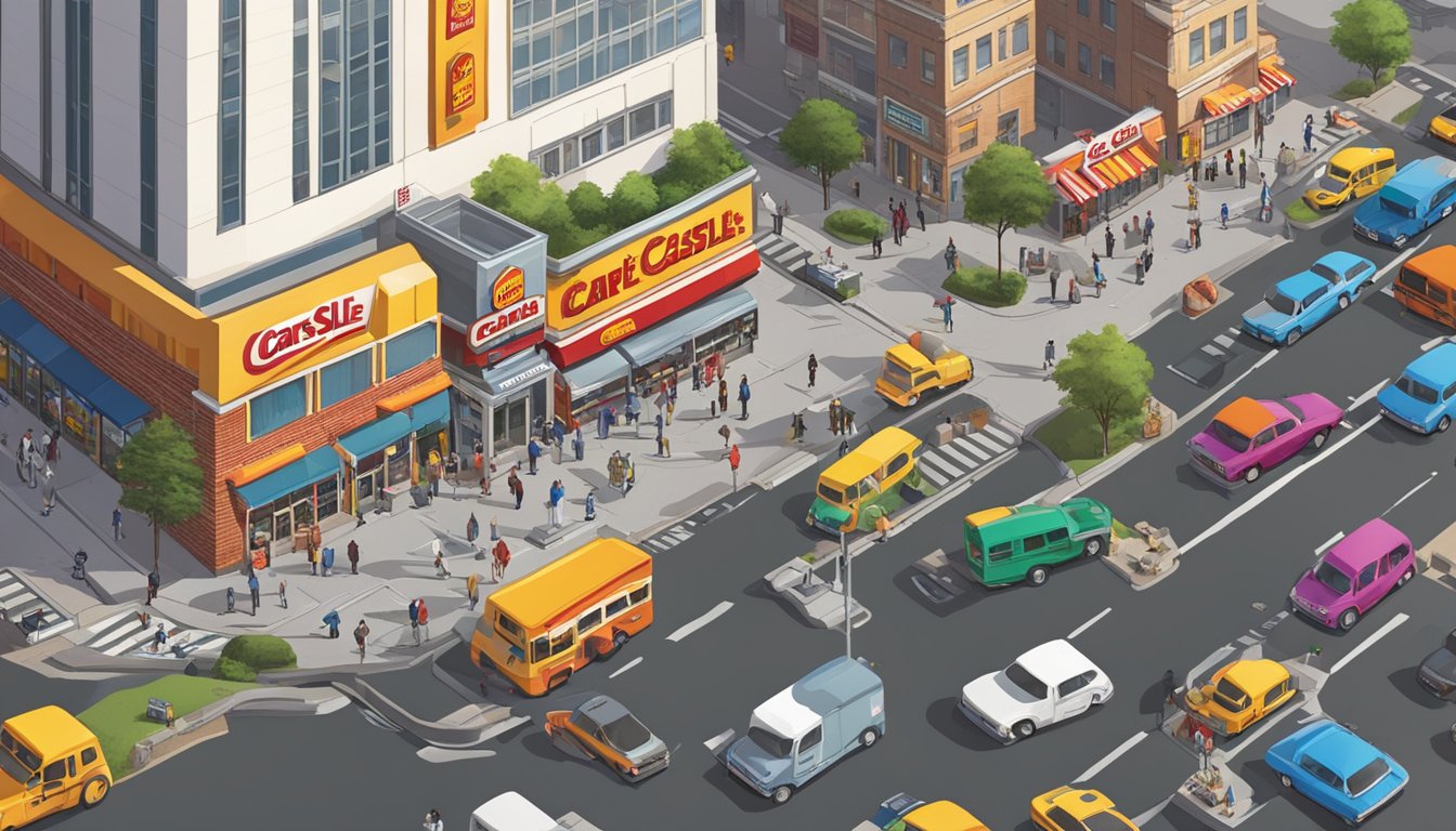 A bustling street corner with Carls Jr and White Castle restaurants facing each other, surrounded by busy traffic and a mix of urban buildings