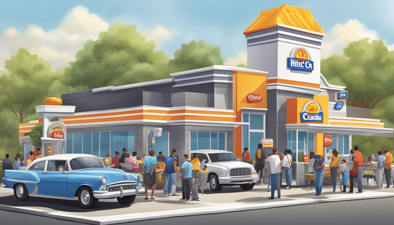 A bustling fast-food restaurant, with Carls Jr and White Castle signs competing for attention. Customers line up at the drive-thru and outdoor seating area