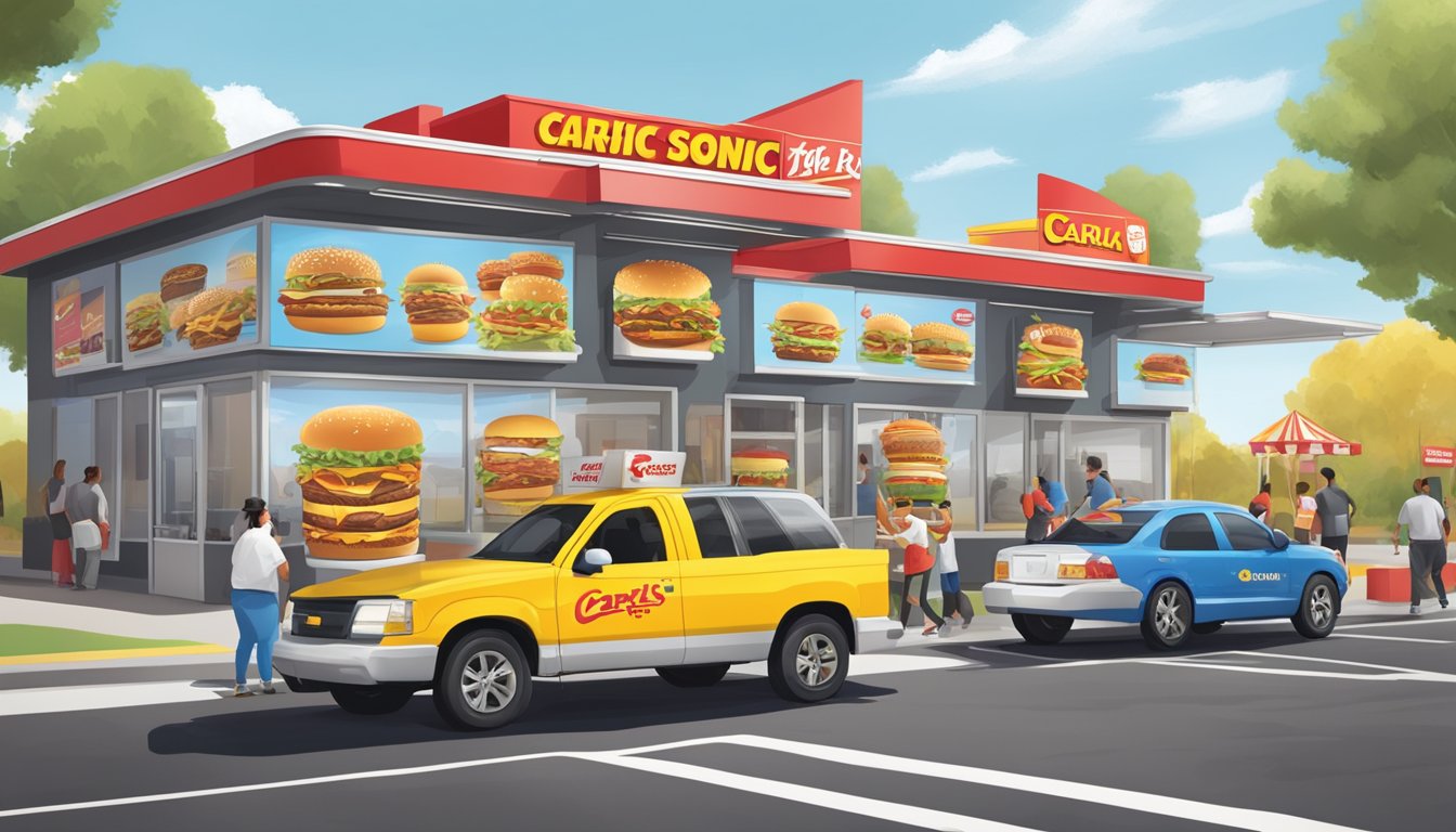 A crowded fast-food drive-thru with Carls Jr on one side and Sonic Drive-In on the other, each with their respective menu boards and colorful branding