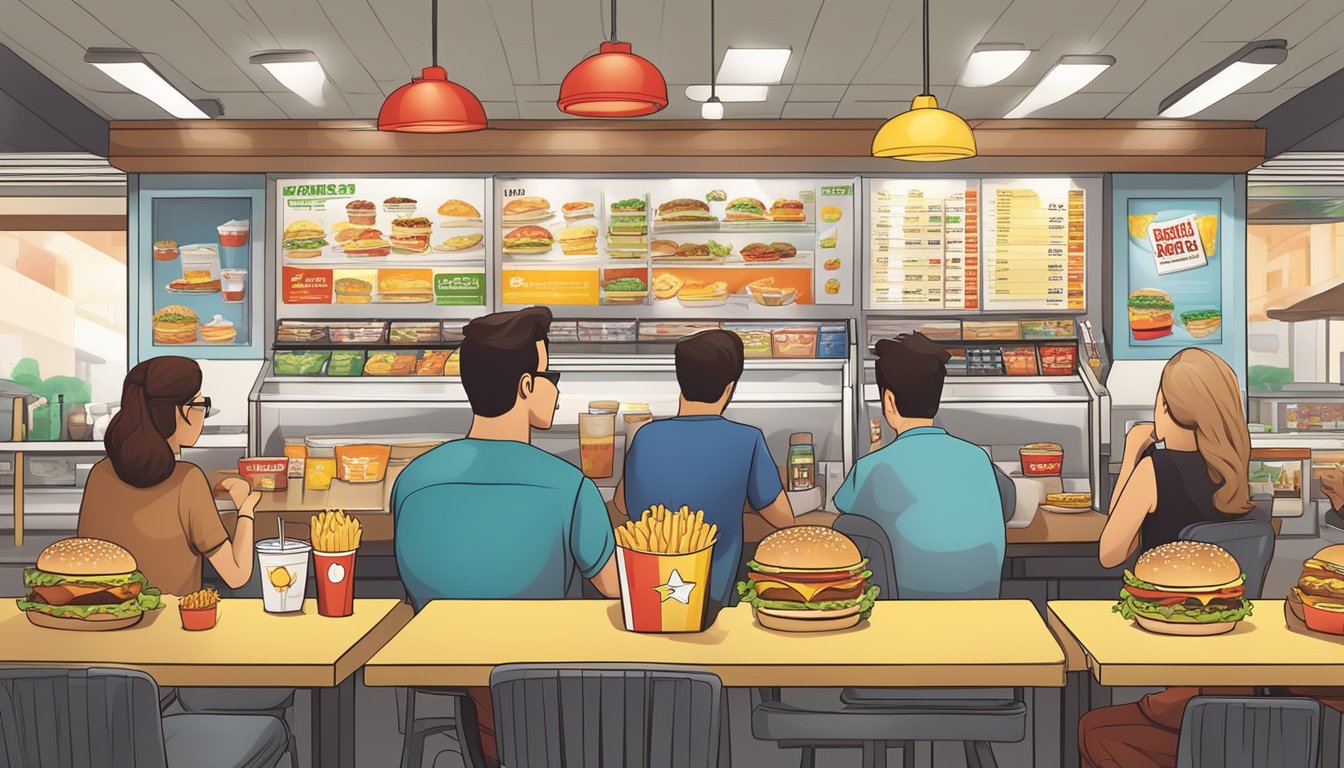 A table with two fast food menus and nutrition labels, surrounded by customers comparing the nutritional information of Carls Jr and Sonic Drive-In