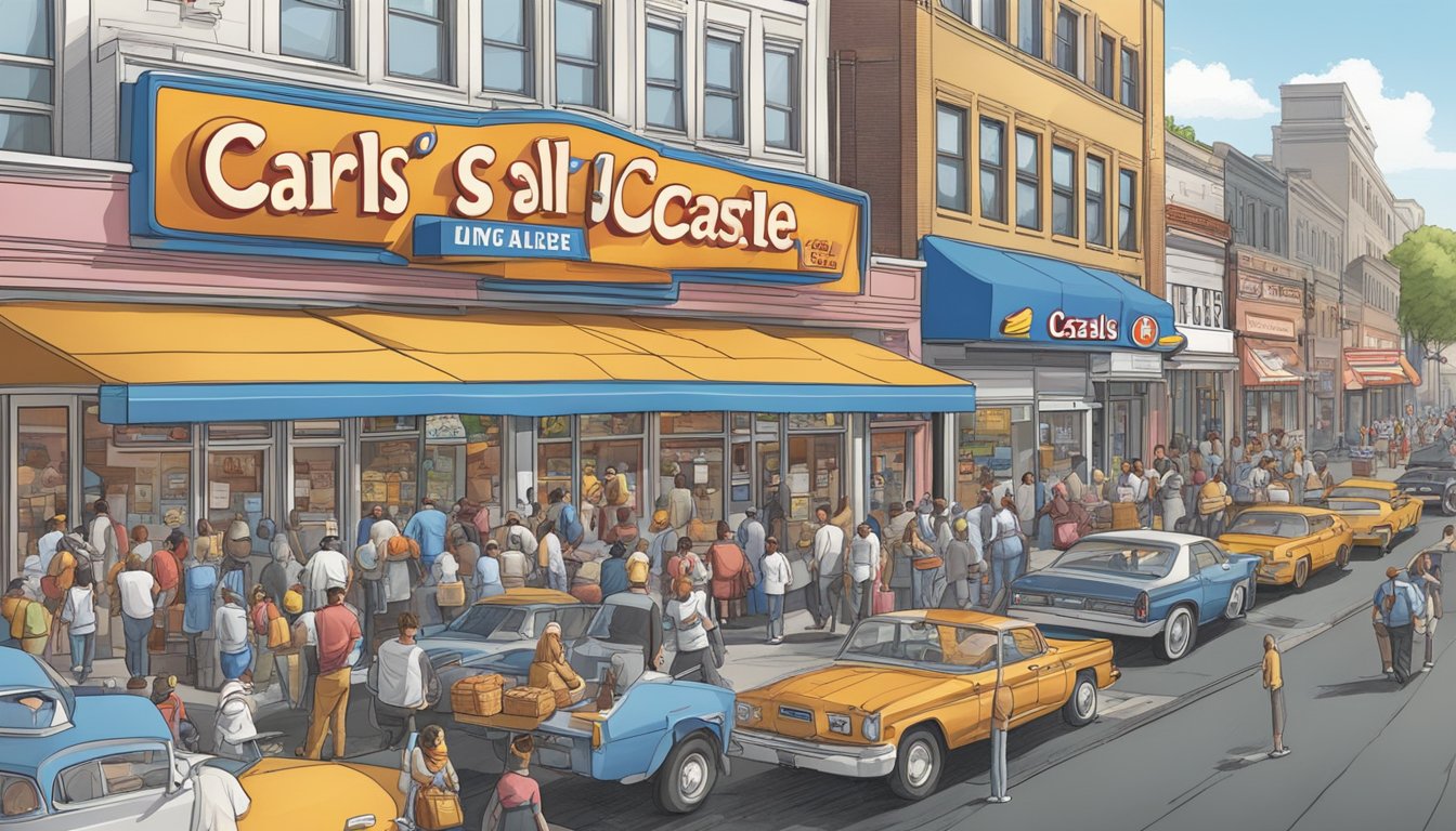 A bustling city street with a Carls Jr and White Castle side by side, each with a line of customers waiting to order