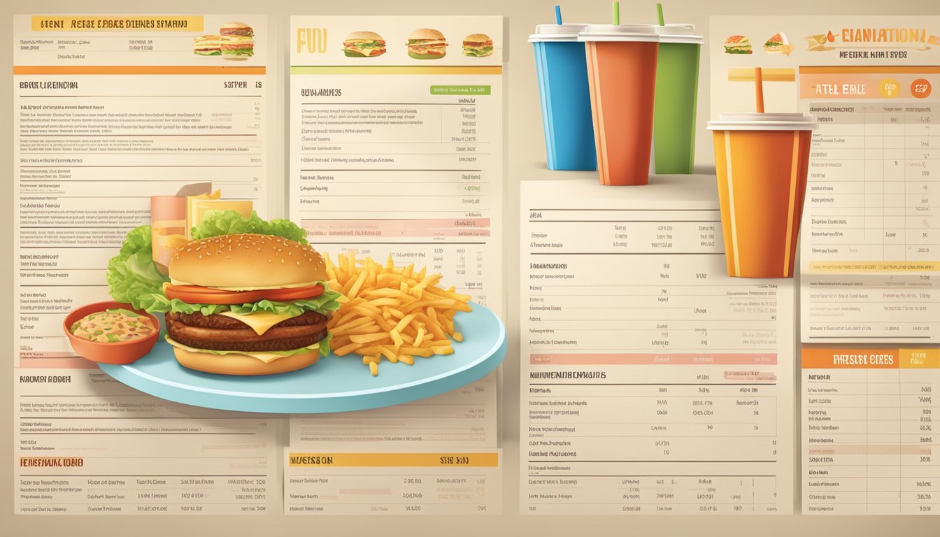 A table with two fast-food restaurant menus and nutritional information charts spread out side by side