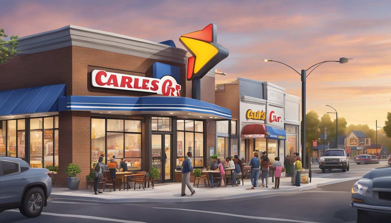 A busy city street with a large, modern Carls Jr. sign towering over a bustling intersection, while a cozy Culvers storefront sits nestled in a charming suburban neighborhood