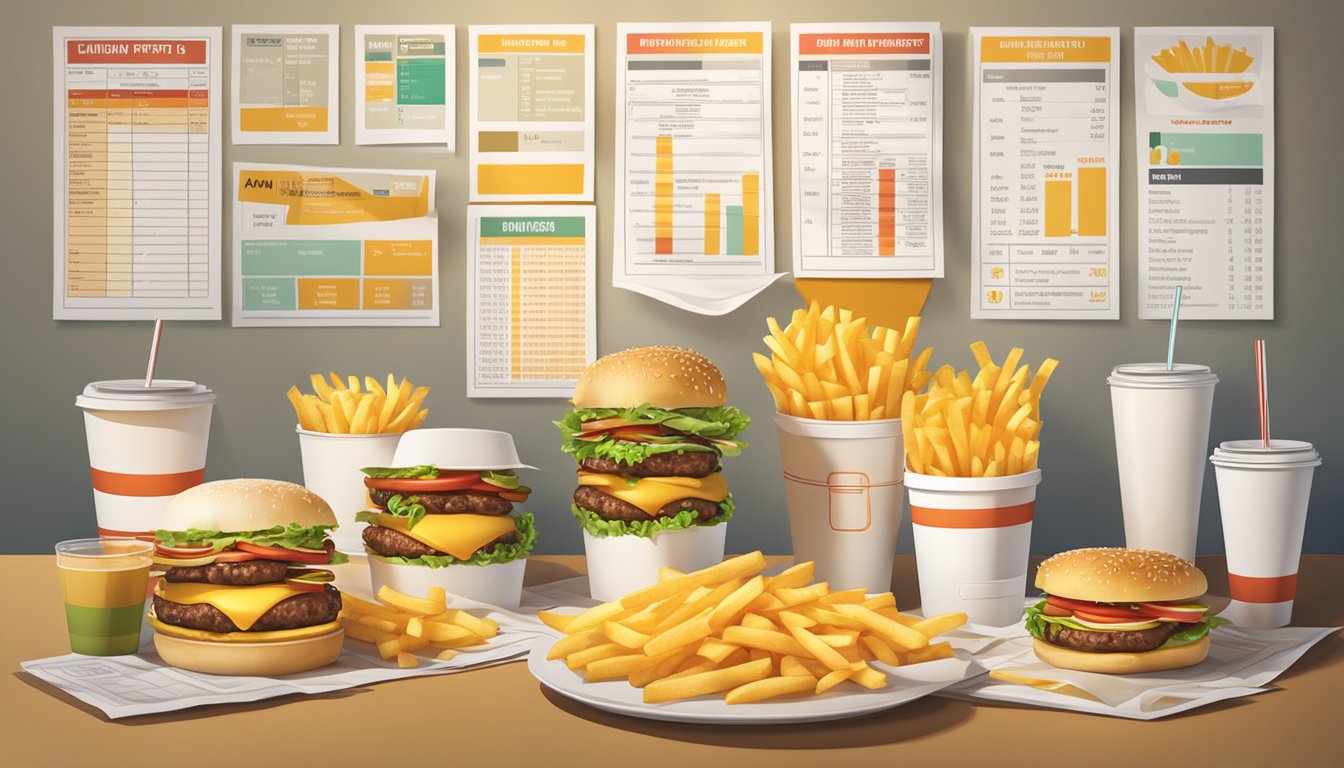 A table with two burger wrappers, a pile of fries, and drink cups. Nutritional information charts displayed on the wall