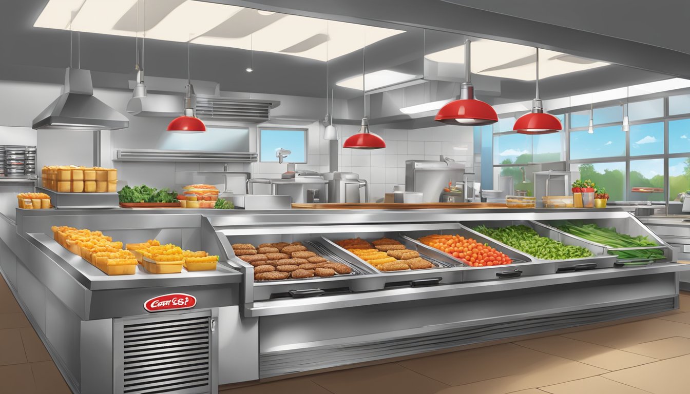 A bustling kitchen in Carls Jr with fresh produce and sizzling burgers contrasted with a Smashburger restaurant featuring locally sourced ingredients and a focus on quality