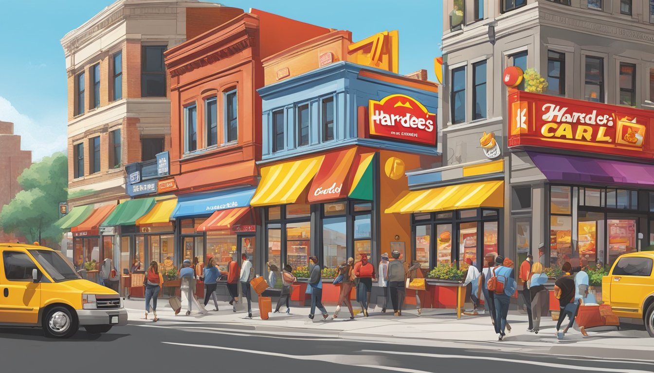 A bustling city street with competing Carls Jr and Hardees storefronts, each adorned with bold, colorful branding and marketing materials