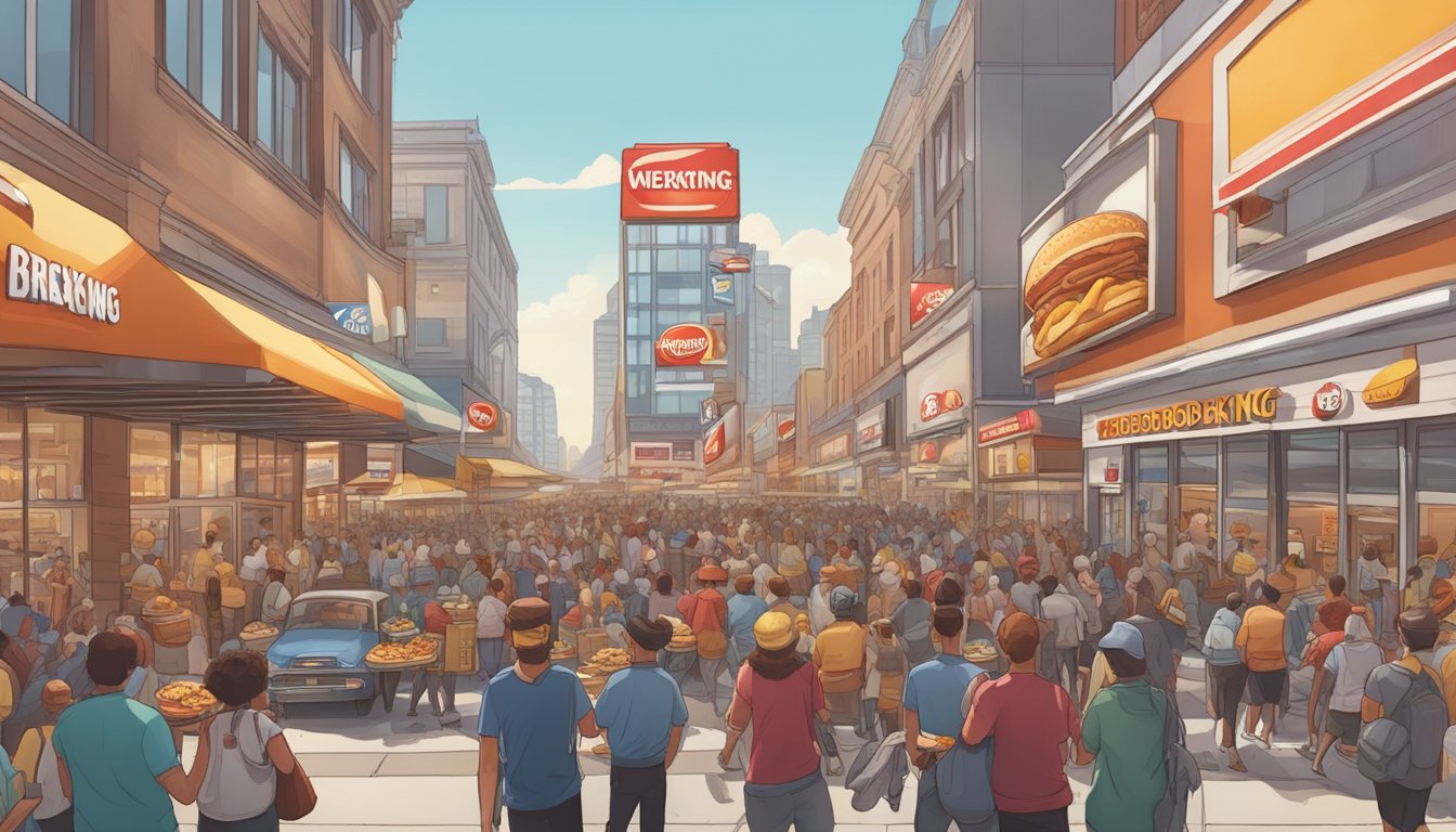 A crowded fast food street with Burger King and Wendy's restaurants facing each other, surrounded by bustling traffic and hungry customers