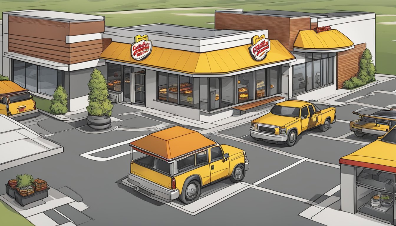 A bustling carls jr and hardees side by side, each with their own unique operational strategies, from food preparation to customer service