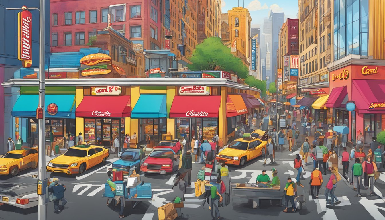 A bustling city street with vibrant signs for Carl's Jr and Smashburger, showcasing their distinct brand identities through bold colors and logos