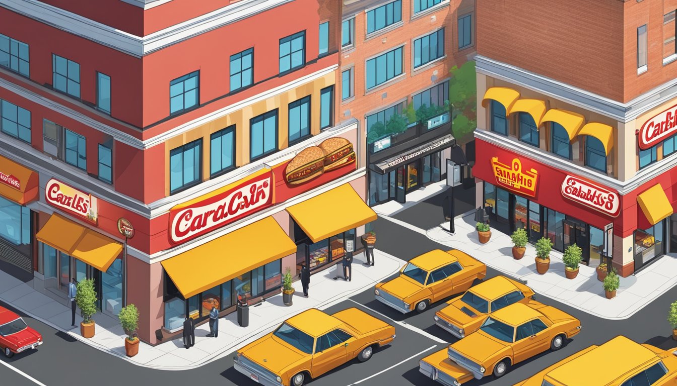 A bustling city street with a Carls Jr and Smashburger side by side, each with their vibrant signage and distinct architectural styles