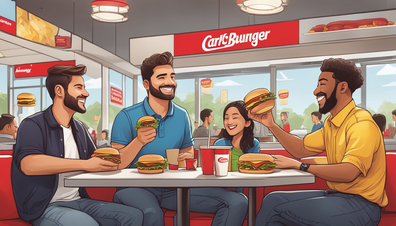 Customers enjoying burgers at both Carls Jr and Smashburger, displaying loyalty and providing feedback through smiles and conversations