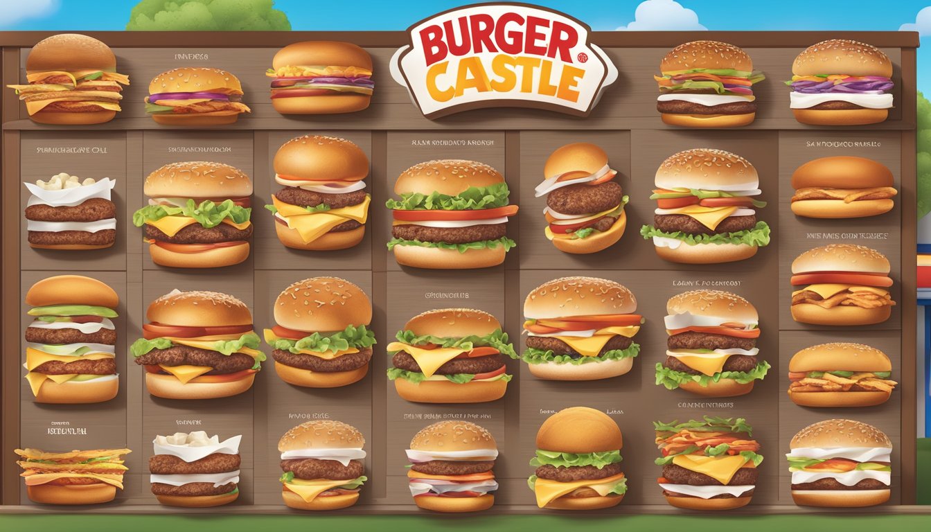 A large, colorful menu board with images of burgers and other fast food items from Burger King and White Castle side by side