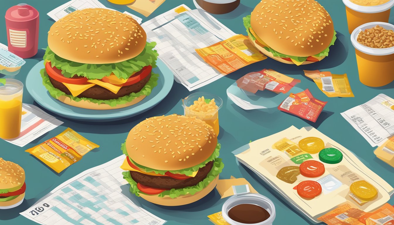 A table with two fast food burgers, surrounded by scattered nutrition labels and a calculator