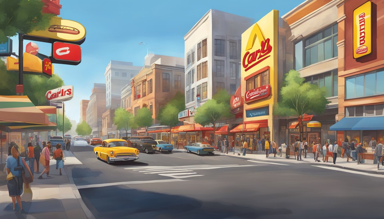 A bustling street corner with a large Carls Jr and Fatburger sign side by side, surrounded by colorful storefronts and busy foot traffic