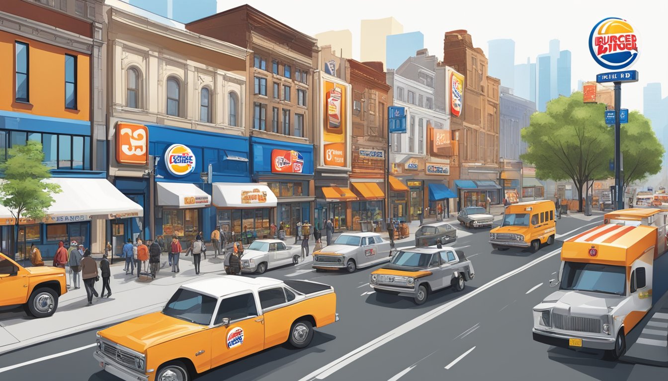 A busy city street with Burger King and White Castle restaurants facing each other, each with their own unique branding and signage