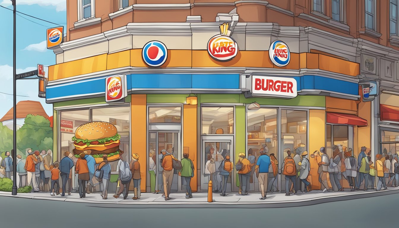 A bustling fast-food street corner with a large Burger King sign and a smaller White Castle sign, both drawing in crowds of hungry customers