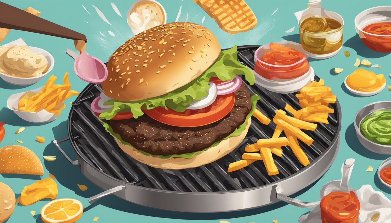 A sizzling burger being flipped on a grill, surrounded by condiments and toppings