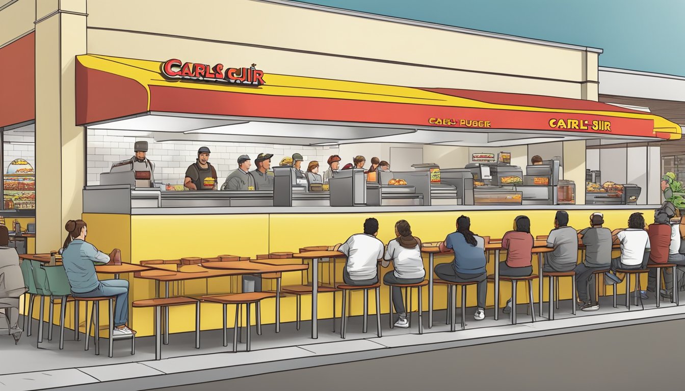 A crowded Carls Jr. with a line of customers at the counter, while a Fatburger restaurant has empty tables and a few people waiting in line