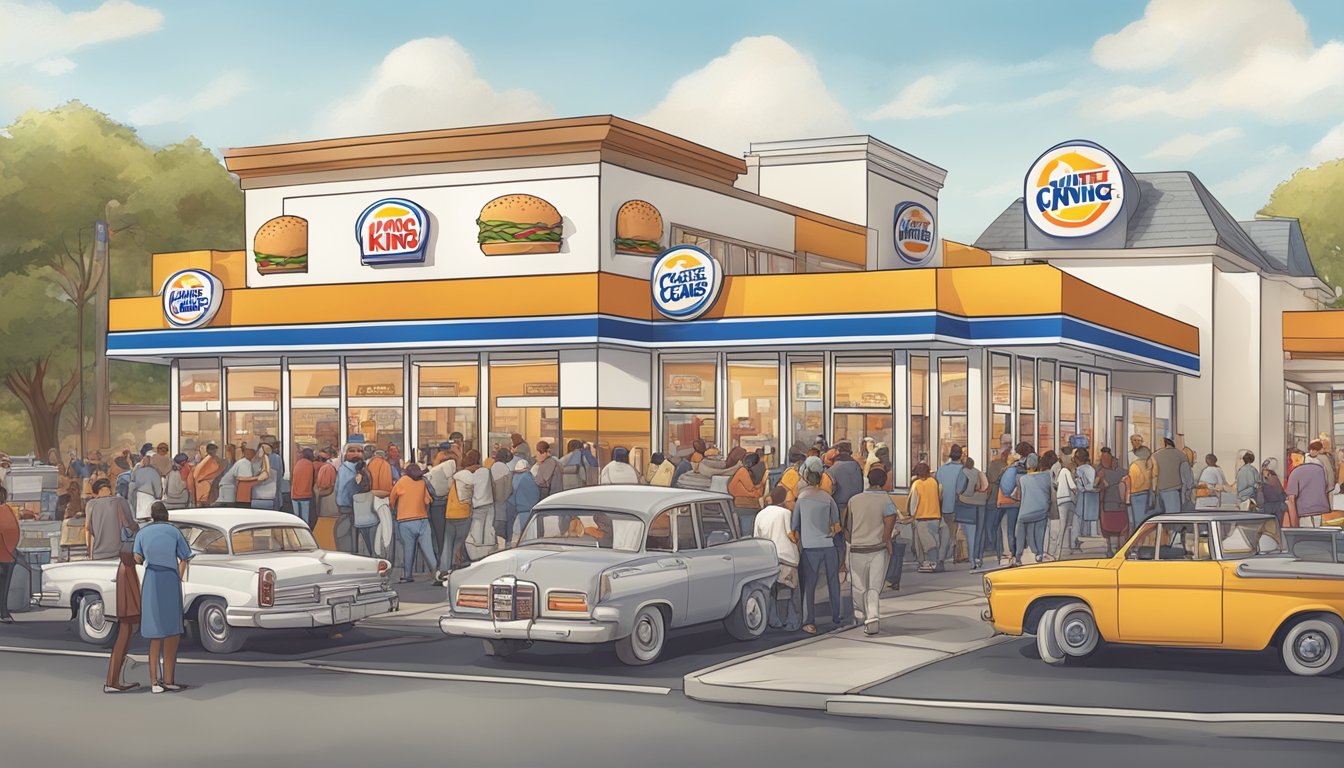 A crowded fast food restaurant with Burger King and White Castle signs visible, customers ordering and eating at tables