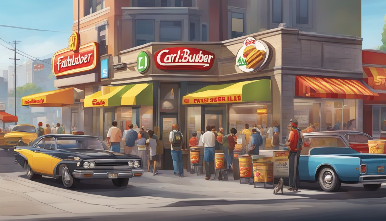 A bustling street corner with two iconic fast food restaurants, Carls Jr and Fatburger, standing side by side, each adorned with colorful signage and bustling with hungry customers