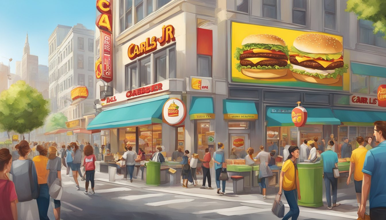 A bustling city street with large, vibrant signs for Carls Jr and Fatburger, drawing in crowds of hungry customers