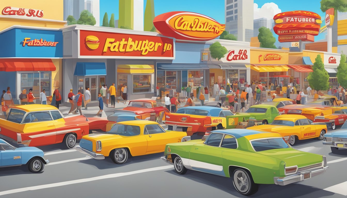 A crowded street with two competing fast-food restaurants, Carls Jr and Fatburger, each with colorful and bold signage vying for attention