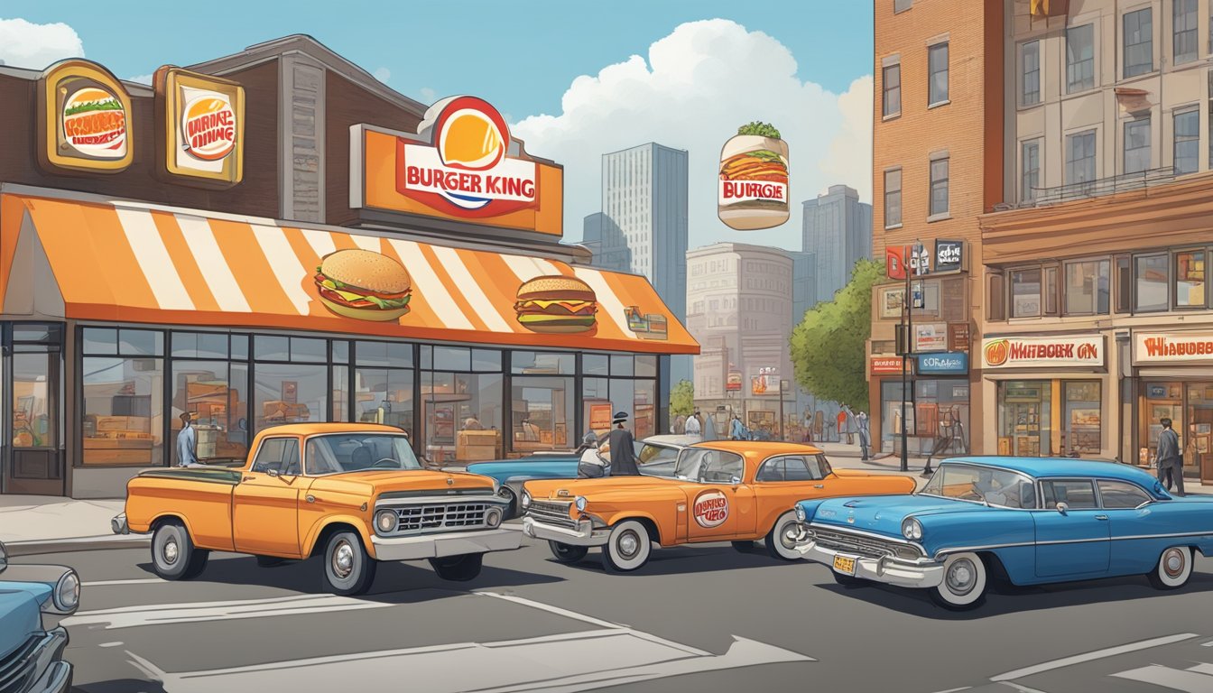 A bustling city street with Burger King and Whataburger signs on opposite sides, showcasing the historical evolution of the two fast-food chains