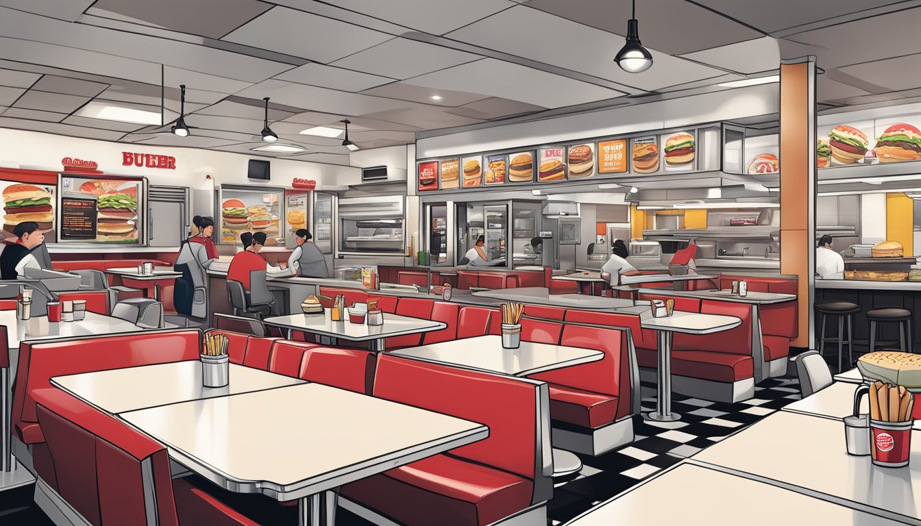 A crowded Burger King with fast-food packaging littering the tables, contrasted with a clean and modern Steak 'n Shake with friendly staff and a nostalgic diner vibe