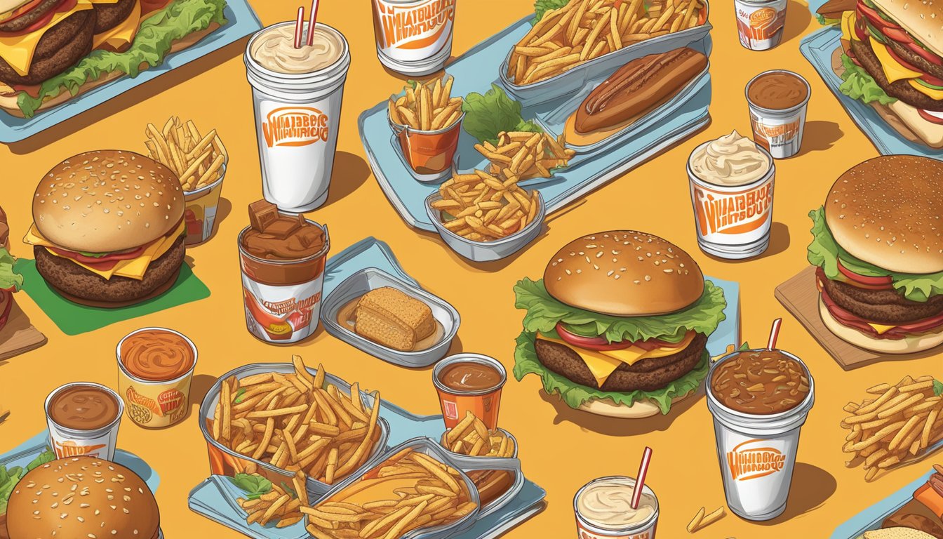 A table with a Whataburger and Burger King menu side by side, surrounded by iconic food items and logos