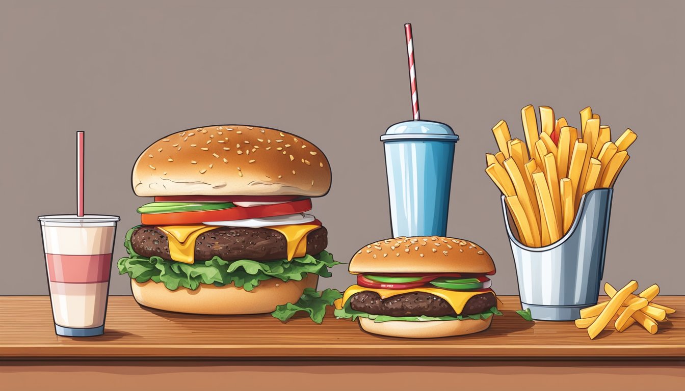 A burger and fries on one side, a steak and milkshake on the other, with a scale in the middle