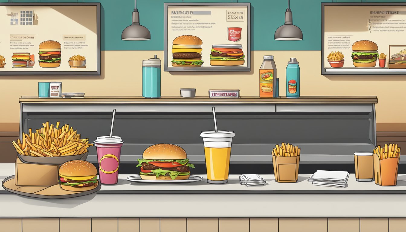 A table with two fast food trays, each containing a burger, fries, and drink. Nutritional information displayed on the wall behind the counter