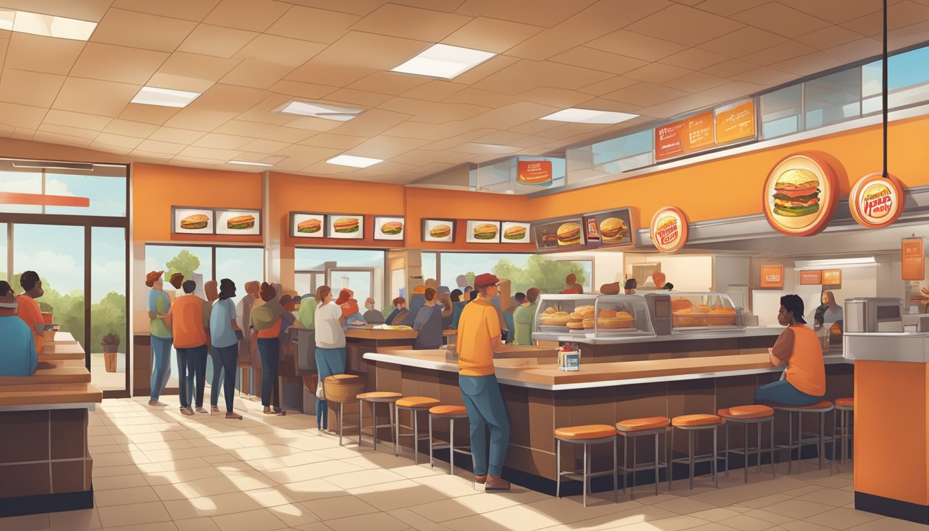 A crowded Burger King with a long line of customers, contrasted with a nearly empty Whataburger with a cozy, welcoming atmosphere