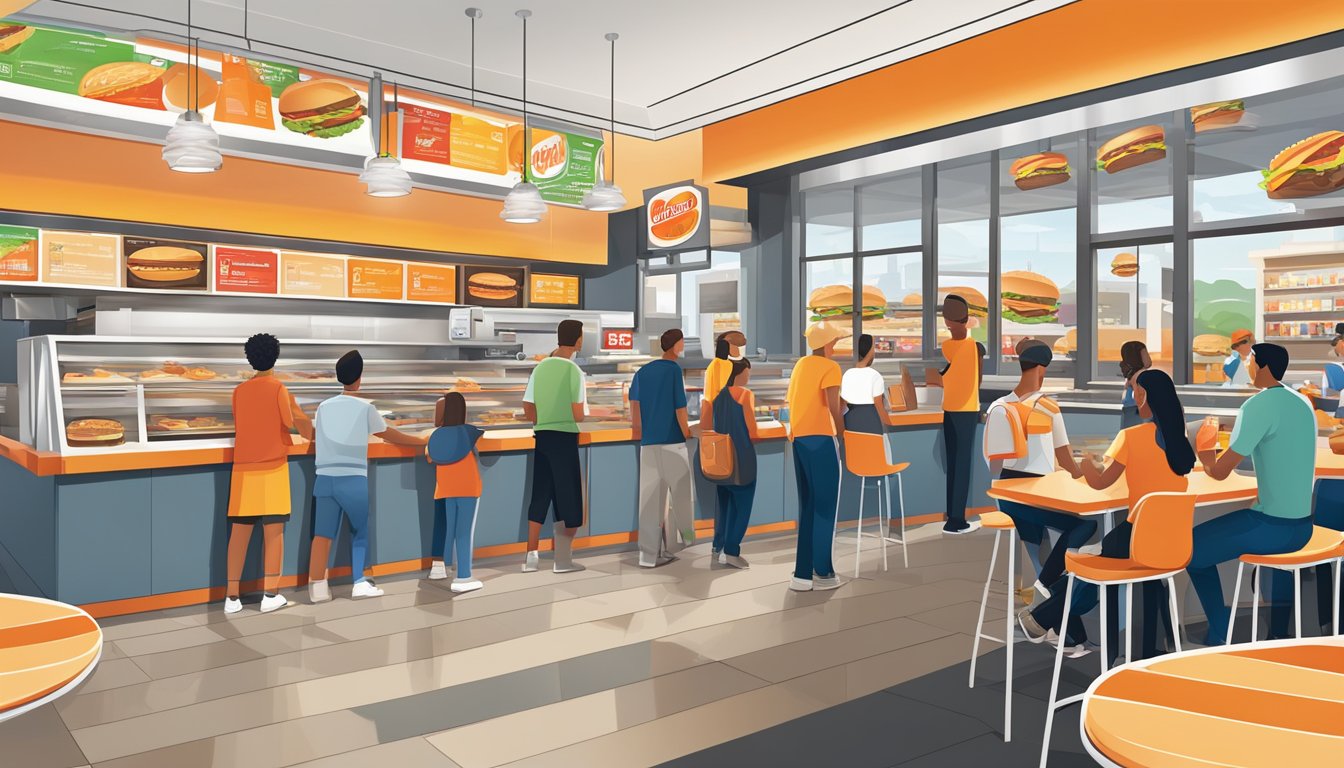 A bustling burger joint with a modern, sleek design and a line of customers at both the Burger King and Whataburger locations