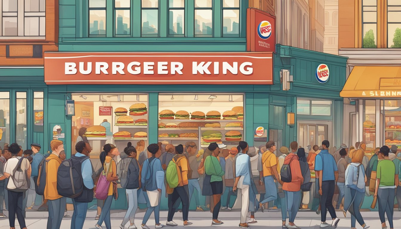 A bustling city street with a Burger King and Shake Shack side by side, each with long lines of customers and vibrant signage